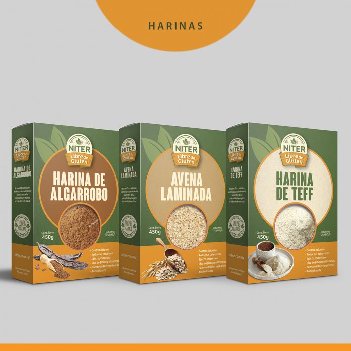 Packaging línea de productos especiales sin gluten y cajas de harinas